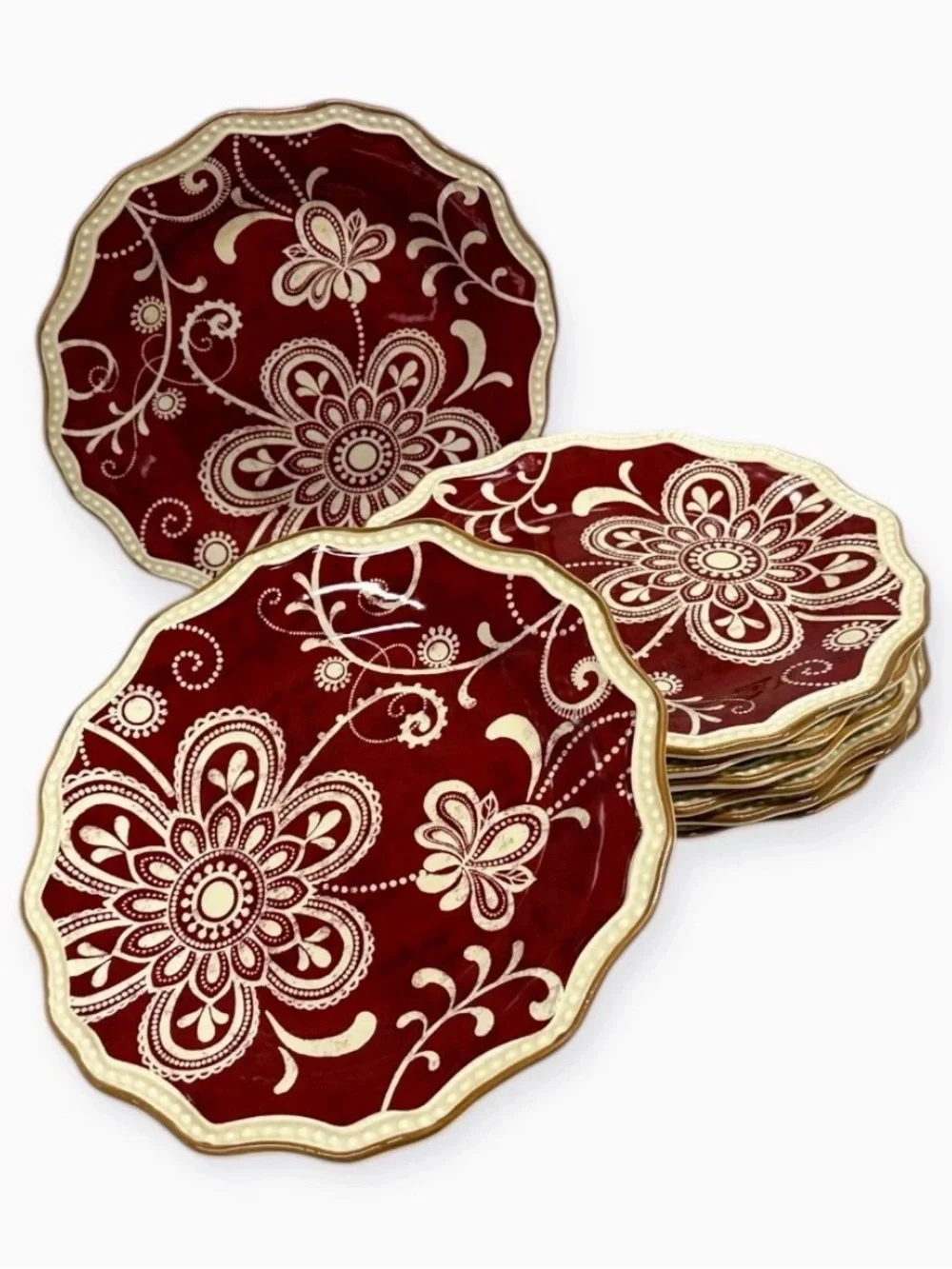 Pier 1 Imports Maribeth Burgundy Floral Scalloped Salad Plates 8 7/8” Set of 8